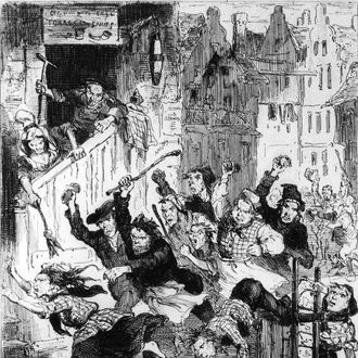 An angry mob pursues Helen MacDougal, mistress of serial killer William Burke, through the streets of Edinburgh, circa 1829. Burke, with his accomplice William Hare, murdered nine people, selling the bodies to medical schools for dissection. 