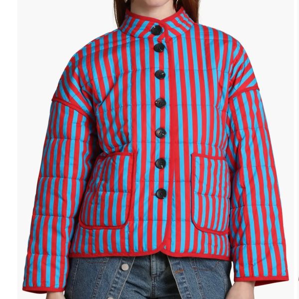 Avec Les Filles Stripe Boxy Quilted Cotton Blend Jacket