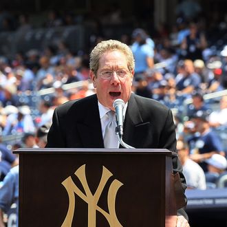 Broadcaster John Sterling of the New York Yankees introduce the players during the teams 64th Old-Timer's Day before the MLB game against the Tampa Bay Rays on July 17, 2010 at Yankee Stadium in the Bronx borough of New York City. 