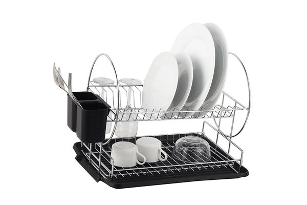 Deluxe Chrome-Plated Steel 2-Tier Dish Rack With Drainboard and Cutlery Cup