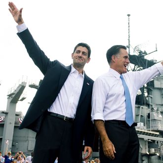 US Republican presidential candidate and former Massachusetts Governor Mitt Romney announces Wisconsin Representative Paul Ryan(R) as his vice presidential running mate during a campaign rally at the Nauticus Museum after touring the USS Wisconsin in Norfolk, Virginia, August 11, 2012. Romney and his new running mate embark on the first day of a 4-day bus trip that will take the White House hopefuls to 4 key swing states, Virginia, North Carolina, Florida and Ohio.