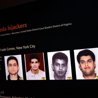 NEW YORK, NY - MAY 14: Pictures of some of the September 11 hijackers are viewed during a preview of the National September 11 Memorial Museum on May 14, 2014 in New York City. The long awaited museum will open to the public on May 21 following a six-day dedication period for 9/11 families, survivors, first responders, workers, and local city residents. For the dedication period the doors to the museum will be open for 24-hours a day from May 15 through May 20. On Thursday President Barack Obama and the first lady will attend the dedication ceremony for the opening of the museum. While the construction of the museum has often been fraught with politics and controversy, the exhibitions and displays seek to pay tribute to the 2,983 victims of the 9/11 attacks and the 1993 bombing while also educating the public on the September 11 attacks on the World Trade Center, the Pentagon and in Pennsylvania. (Photo by Spencer Platt/Getty Images)