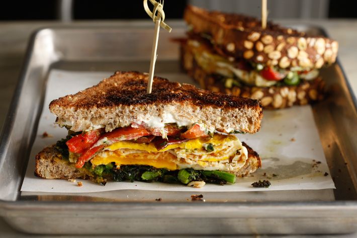 The Chelsea Lo-Cal: Turkey bacon, roasted peppers, broccoli rabe, pesto yogurt sauce, multi-grain toast.