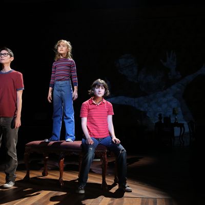 Beth Malone, Sydney Lucas, and Alexandra Socha in Fun Home, with music by Jeanine Tesori, book and Lyrics by Lisa Kron, based on the Alison Bechdel book, and directed by Sam Gold, running at The Public Theater at Astor Place. Photo credit: Joan Marcus.