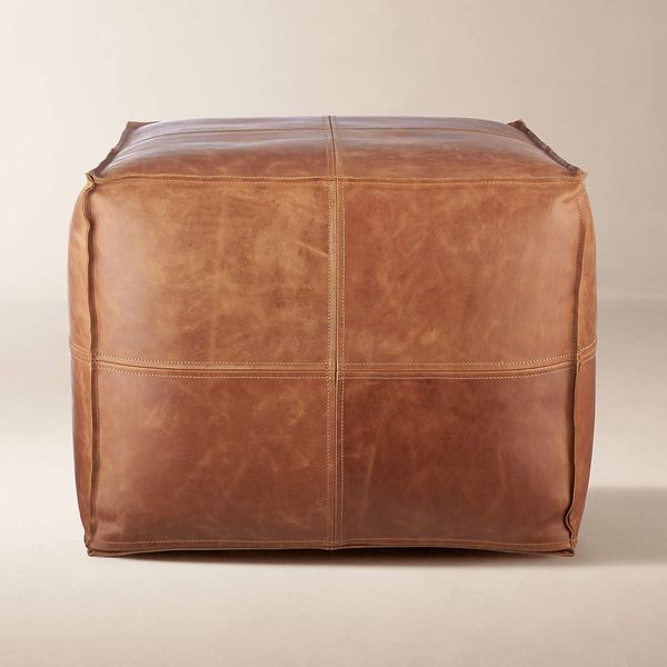 CB2 Leather Square Brown Pouf