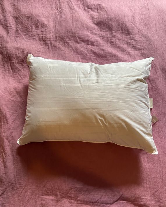 A photo of a white pillow on a pink duvet.