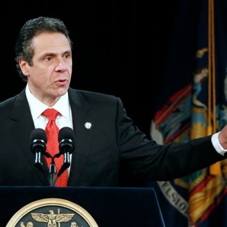 New York Gov. Andrew Cuomo delivers his second State of the State speech at the Empire State Plaza Convention Center in Albany, N.Y., on Wednesday, Jan. 4, 2012. (AP Photo/Mike Groll)