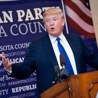 SARASOTA, FL - AUGUST 26: Donald Trump speaks at the Ritz-Carlton on August 26, 2012 in Sarasota, Florida. Trump accepted the Statesman of the Year Award at the Sarasota GOP dinner ahead of the Republican National Convention in Tampa. (Photo by Edward Linsmier/Getty Images)