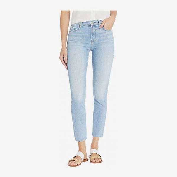 7 For All Mankind High-Waisted Roxanne Ankle light-wash jean in Roxy Lights with a white shirt and white and gold sandals. 33 Things on Sale You’ll Actually Want to Buy: From Adidas to Le Creuset - The Strategist