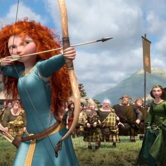 “BRAVE” (L-R) LORD MACINTOSH and his son, YOUNG MACINTOSH; MERIDA, WEE DINGWALL and his father, LORD DINGWALL; LORD MacGUFFIN and his son, YOUNG MacGUFFIN; QUEEN ELINOR and KING FERGUS.