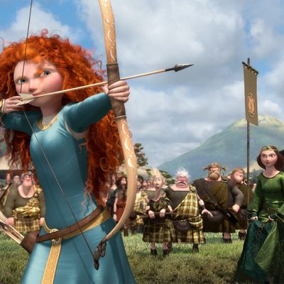 “BRAVE” (L-R) LORD MACINTOSH and his son, YOUNG MACINTOSH; MERIDA, WEE DINGWALL and his father, LORD DINGWALL; LORD MacGUFFIN and his son, YOUNG MacGUFFIN; QUEEN ELINOR and KING FERGUS.