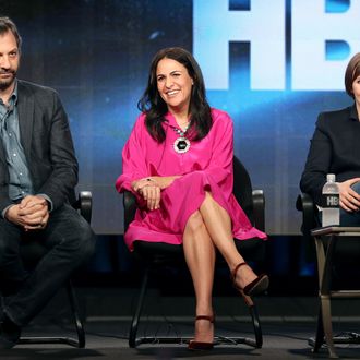 PASADENA, CA - JANUARY 09: (L-R) Executive Producer Judd Apatow, Executive Producer Jenni Konner and Creator/Executive Producer/Actress Lena Dunham speak onstage during the 'Girls' panel discussion at the HBO portion of the 2014 Winter Television Critics Association tour at the Langham Hotel on January 9, 2014 in Pasadena, California. (Photo by Frederick M. Brown/Getty Images)