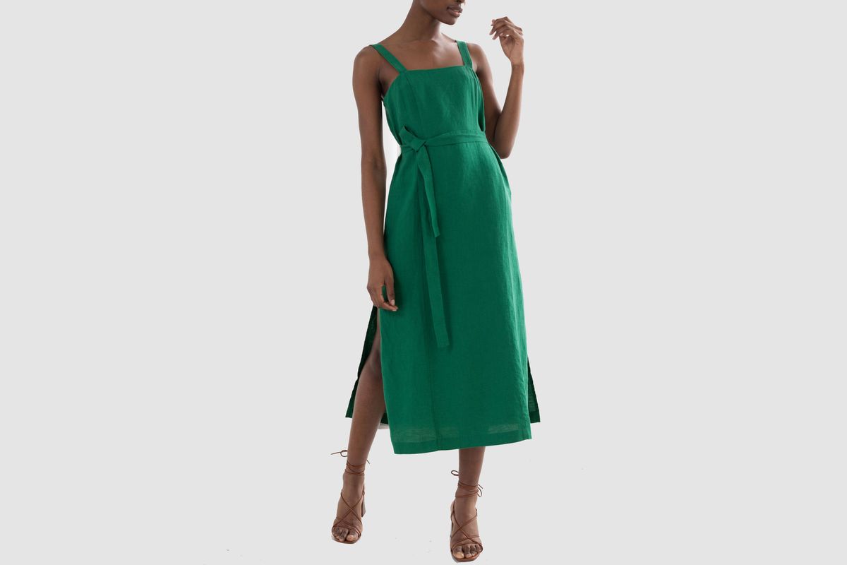 green linen wrap dress