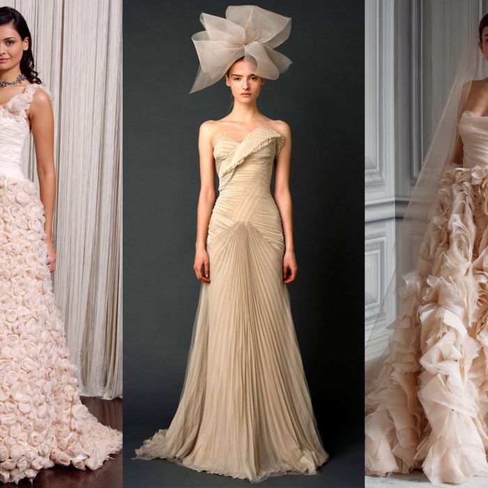 From left: new bridal looks from Badgley Mischka, Vera Wang, and Monique Lhuillier.