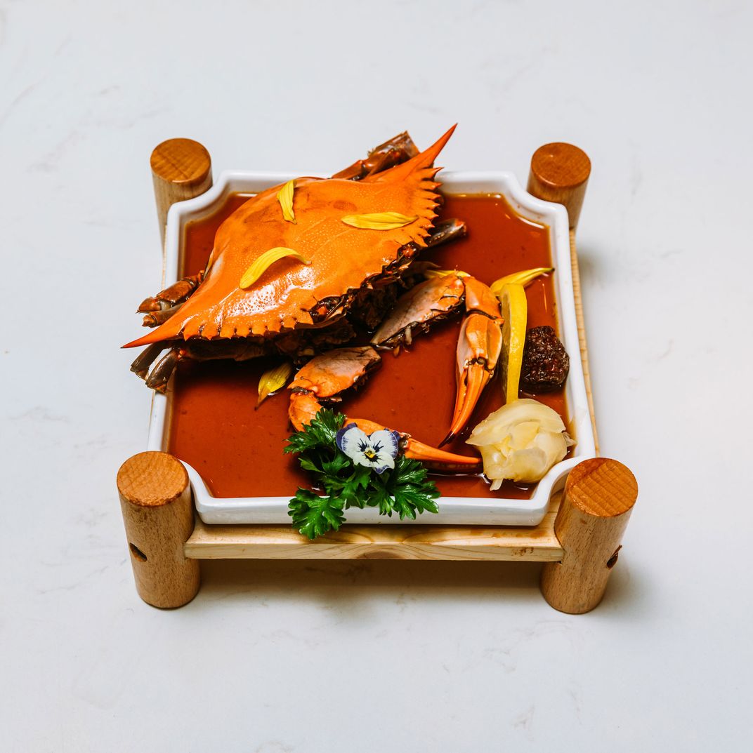 Wine-soaked Atlantic blue crab.