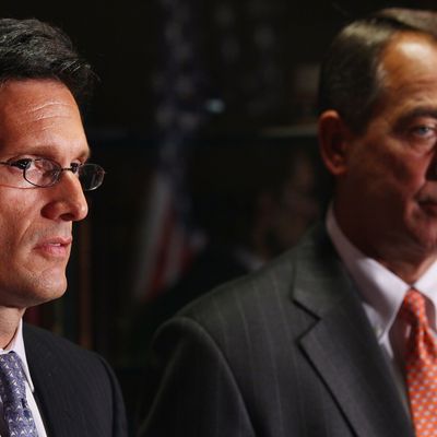 WASHINGTON, DC - JULY 26: House Majority Leader Eric Cantor (R-VA) (L) and Speaker of the House John Boehner (R-OH) hold a news conference after a meeting at the Republican National Committee offices July 26, 2011 in Washington, DC. During the height of battle between Congressional Republicans and the White House, Boehner introduced legislation Monday that would raise the debt ceiling in two stages and cut $3 trillion in budget cuts. (Photo by Win McNamee/Getty Images)