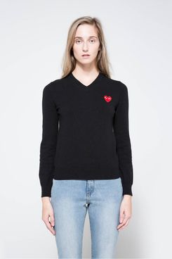 Comme des Garçons Play Red Heart Play V-Neck Pullover in Black