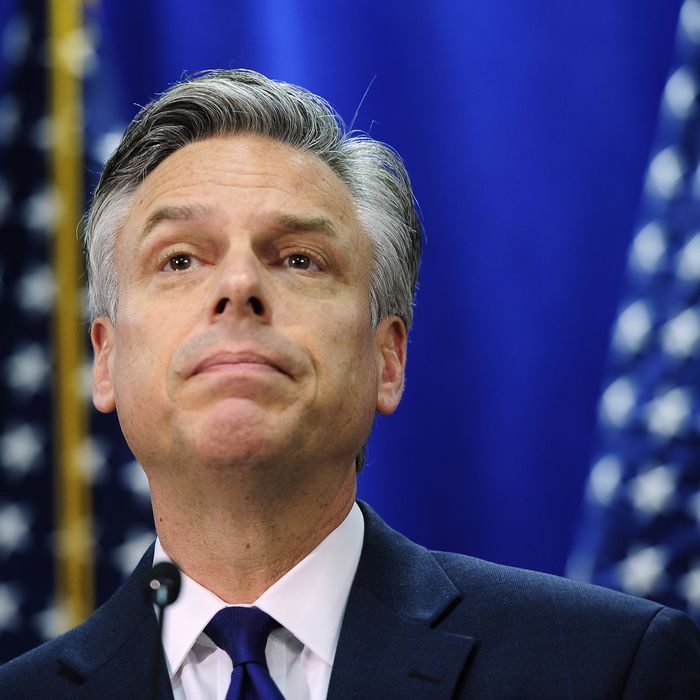 Republican presidential hopeful Jon Huntsman addresses a press conference to announce he is bowing out from the presidential race in Myrtle Beach, South Carolina, January 16, 2012.