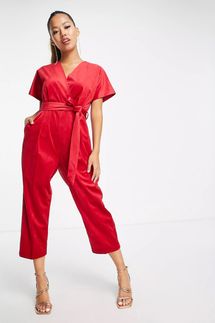 ASOS Closet London Petite velvet wrap jumpsuit in red