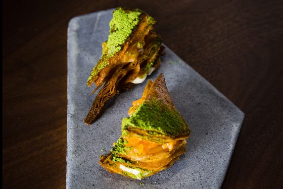 Momofuku Ko's matcha-dusted mille-feuille.