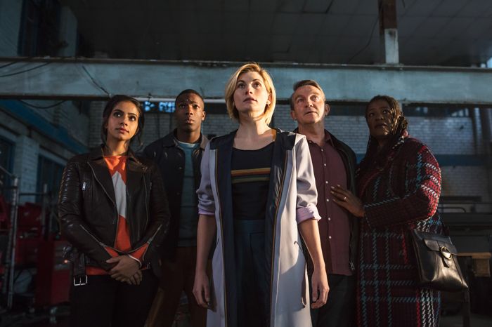 Mandip Gill, Tosin Cole, Jodie Whittaker, Bradley Walsh, and Sharon D. Clarke in Doctor Who.