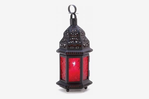 Metal Moroccan Lantern with Red Glass