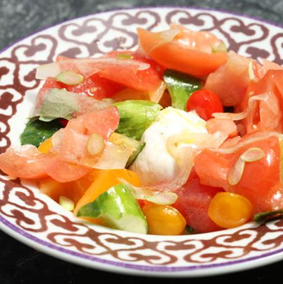 heirloom tomatoes, smoked burrata, watermelon, crisp quinoa, Fino vinaigrette