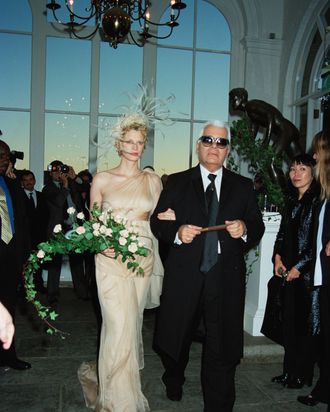 Kristen McMenamy and Karl Lagerfeld at the model's wedding.