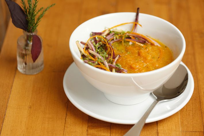 Soupe de carrot, Reinette apples, and orange peel.