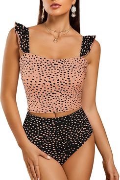 Foshow Women’s Ruffle Print Bikini Set Polka-Dot High-Waisted Two-Piece Swimsuit