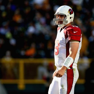 John Skelton #19 of the Arizona Cardinals looks to the bench for a play against the Green Bay Packers at Lambeau Field on November 4, 2012 in Green Bay, Wisconsin. The Packers defeated the Cardinals 31-17. 