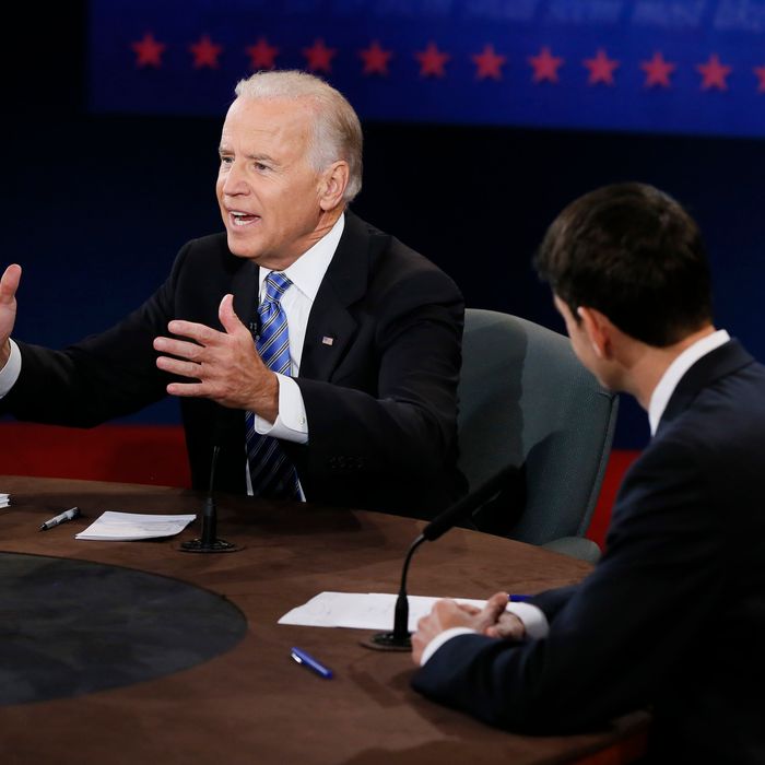 DANVILLE, KY - OCTOBER 11: U.S. Vice President Joe Biden (L) and Republican vice presidential candidate U.S. Rep. Paul Ryan (R-WI) participate in the vice presidential debate at Centre College on October 11, 2012 in Danville, Kentucky. This is the second of four debates during the presidential election season and the only debate between the vice presidential candidates before the closely-contested election November 6. (Photo by Rick Wilking-Pool/Getty Images)