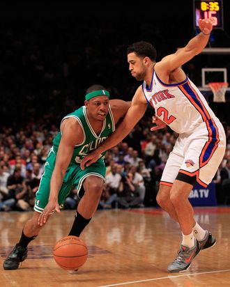 Paul Pierce #34 of the Boston Celtics drives against Landry Fields #2 of the New York Knicks at Madison Square Garden on April 17, 2012 in New York City. 