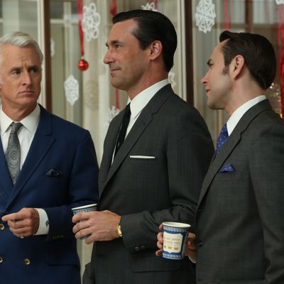 Roger Sterling (John Slattery), Don Draper (Jon Hamm) and Pete Campbell (Vincent Kartheiser) - Mad Men - Season 6, Episode 1 - Photo Credit: Michael Yarish/AMC