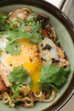 With ​bok choy, mushroom, and poached egg