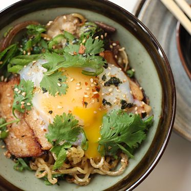 With ​bok choy, mushroom, and poached egg