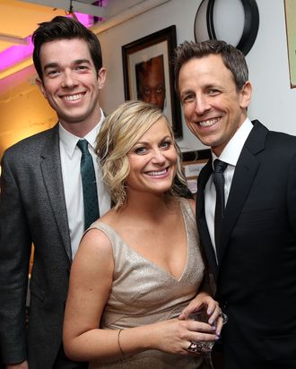 NEW YORK, NY - MAY 06: (L-R) John Mulaney, Amy Poehler and Seth Meyers attend LOL With LLS: Jokes on You, Cancer! on May 6, 2014 at New World Stages in New York City. (Photo by Monica Schipper/Getty Images for The Leukemia & Lymphona Society)
