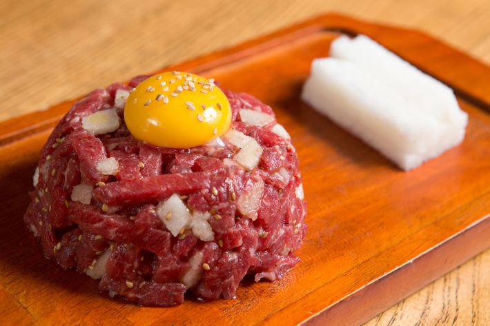 Deuki Hong's beef tartare with Asian pear and sesame oil.