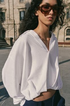 Zara Linen Blend Shirt With Puffed Hem