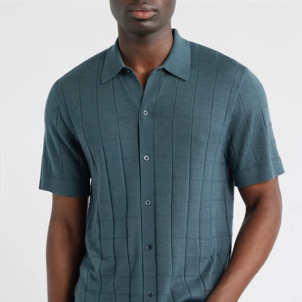 Nordstrom Textured Merino Wool & Silk Short Sleeve Button-Up Sweater