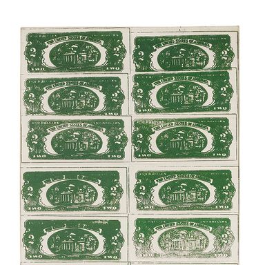 Andy Warhol
Two Dollar Bills (Back) (40 Two Dollar Bills in Green), 1962
Silkscreen ink and pencil on linen
211 x 48 cm.