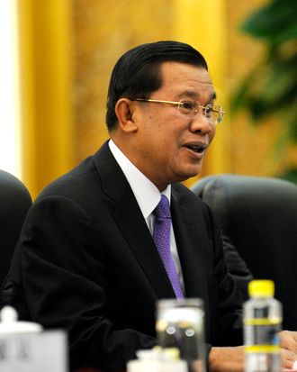 Cambodian Prime Minister Hun Sen attends a bilateral meeting with Chinese President Hu Jintao at the Great Hall of the People in on December 15, 2010 in Beijing, China. Hun Sen is to hold talks with Chinese President Hu Jintao on December 15. His visit will also include stops in the northern port city of Tianjin and the eastern city of Nanjing, according to a Cambodian government statement.