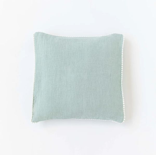 Magic Linen Cushion Cover With Pom Poms in Dusty Blue