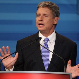 ORLANDO, FL - SEPTEMBER 22: Former New Mexico Gov. Gary Johnson speaks in the Fox News/Google GOP Debate at the Orange County Convention Center on September 22, 2011 in Orlando, Florida. The debate featured the nine Republican candidates two days before the Florida straw poll. (Photo by Mark Wilson/Getty Images)
