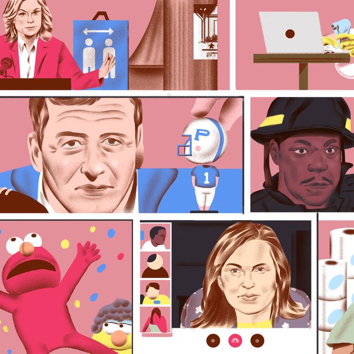 Clockwise from top-right: Niles in Frasier, Tracy in 30 Rock, Sawyer in Lost, Olivia Benson in Law & Order: SVU, Elmo in Sesame Street, Coach Taylor in Friday Night Lights, and Leslie Knope in Parks and Recreation. 