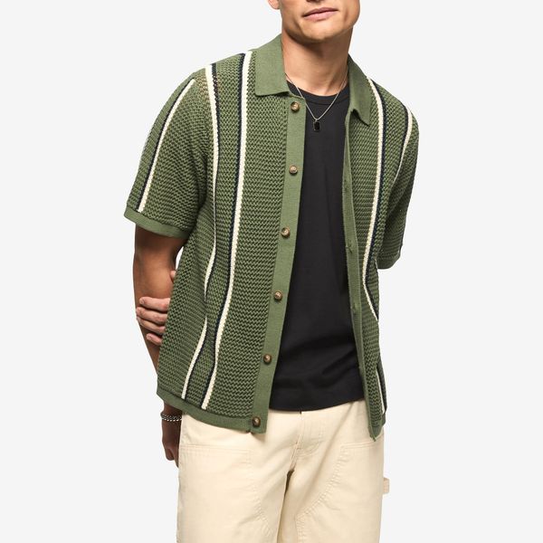 Lucky Brand Stripe Short Sleeve Cotton Button-Up Sweater