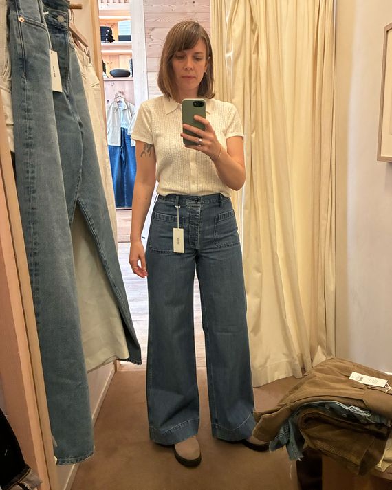Photo of Strategist senior writer Liza Corsillo in Buck Mason's Newport Sailor pants.