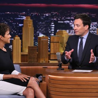 THE TONIGHT SHOW STARRING JIMMY FALLON -- Episode 0081 -- Pictured: (l-r) Actress Halle Berry during an interview with host Jimmy Fallon on July 8, 2014 -- (Photo by: Douglas Gorenstein/NBC/NBCU Photo Bank)