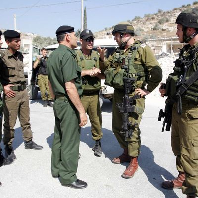 Israeli soldiers (R) and Palestinian security officers (L) talk during a joint minefield removal operation in the northern West Bank village of Qabatiya, near Jenin, on July 05, 2010. 