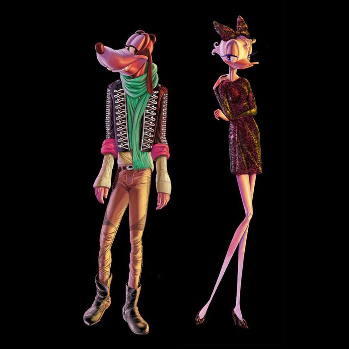 Goofy and Daisy in their designer outfits.